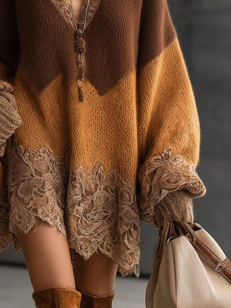 Brown Ombre Knit Lace Hem Oversized Mini Dress by All City Mart