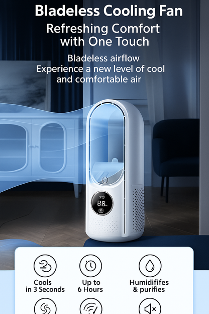 SilentBreeze Air Cooler – A bladeless USB fan with 6 levels, a timer, and humidification, operating quietly.
