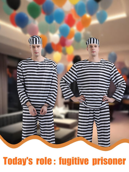 Classic Prisoner Halloween Costume Set | Striped Inmate Long Sleeve Outfit