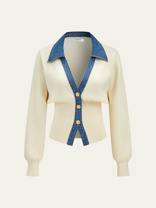 Demi | Denim Metal Button V-Neck Knit Top