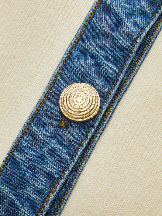 Demi | Denim Metal Button V-Neck Knit Top