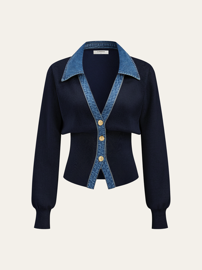 Demi | Denim Metal Button V-Neck Knit Top