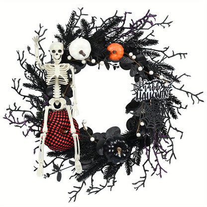 Halloween Gothic Skeleton Wreath – Door Decoration with Pumpkins & Spooky Touches