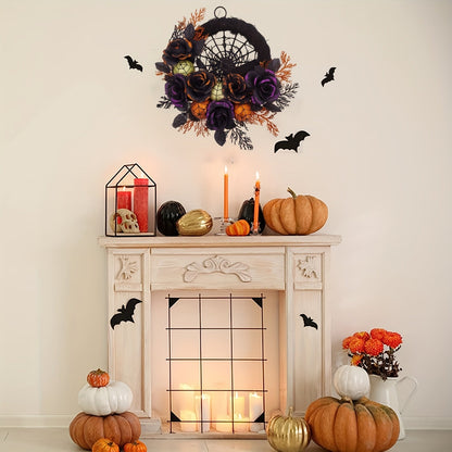 Gothic Halloween Wreath with Black Roses – Spiderweb Front Door Decoration with Glitter Details