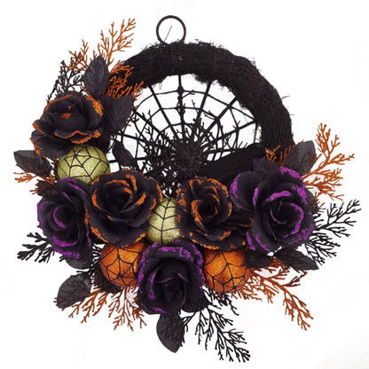 Gothic Halloween Wreath with Black Roses – Spiderweb Front Door Decoration with Glitter Details