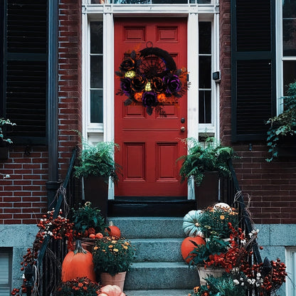 Gothic Halloween Wreath with Black Roses – Spiderweb Front Door Decoration with Glitter Details