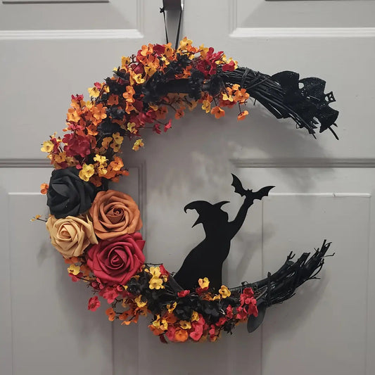 Floral Wreath Rustic Witch – Crescent Moon Halloween Door Decoration