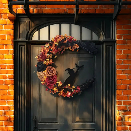 Floral Wreath Rustic Witch – Crescent Moon Halloween Door Decoration