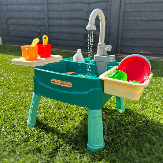 Kids Indoor/Outdoor Water Play Kitchen – Faucet Sink with 19-Piece Accessory Set