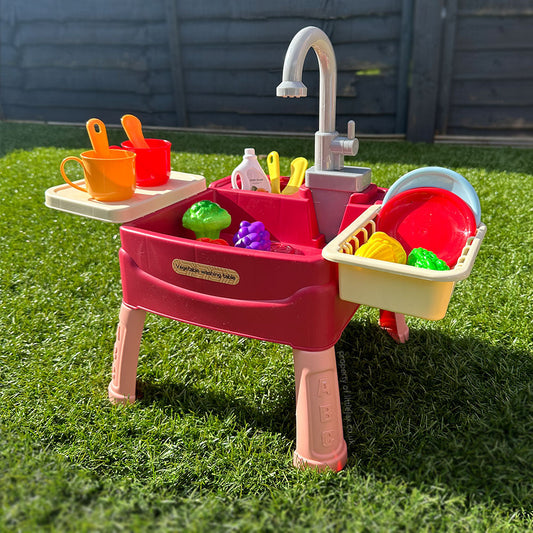 Kids Indoor/Outdoor Water Play Kitchen – Faucet Sink with 19-Piece Accessory Set