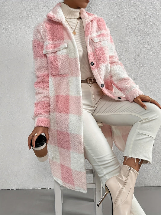 Evelyne | Cozy Women's Teddy Fleece Coat – Long Plaid Design for Winter
