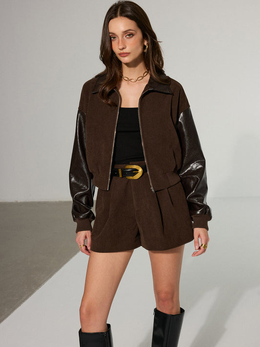 Lyra | Trendy Faux Leather Panel Corduroy Zip-Up Jacket