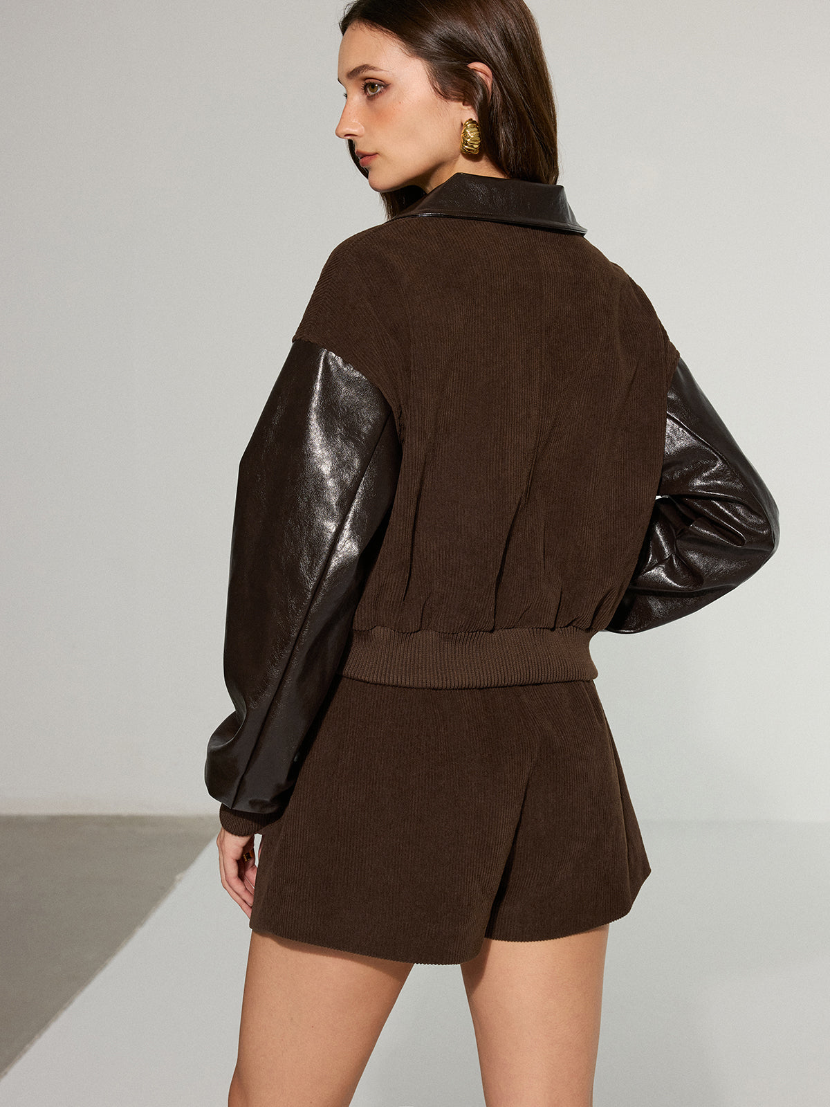 Lyra | Trendy Faux Leather Panel Corduroy Zip-Up Jacket