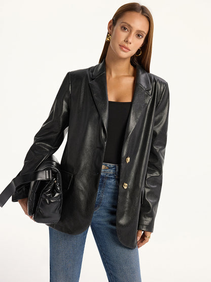 Maddison | Edgy Snake Print Metal Button PU Leather Blazer