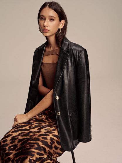 Maddison | Edgy Snake Print Metal Button PU Leather Blazer