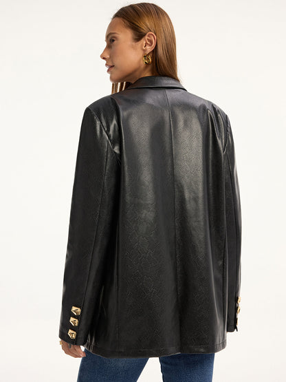 Maddison | Edgy Snake Print Metal Button PU Leather Blazer