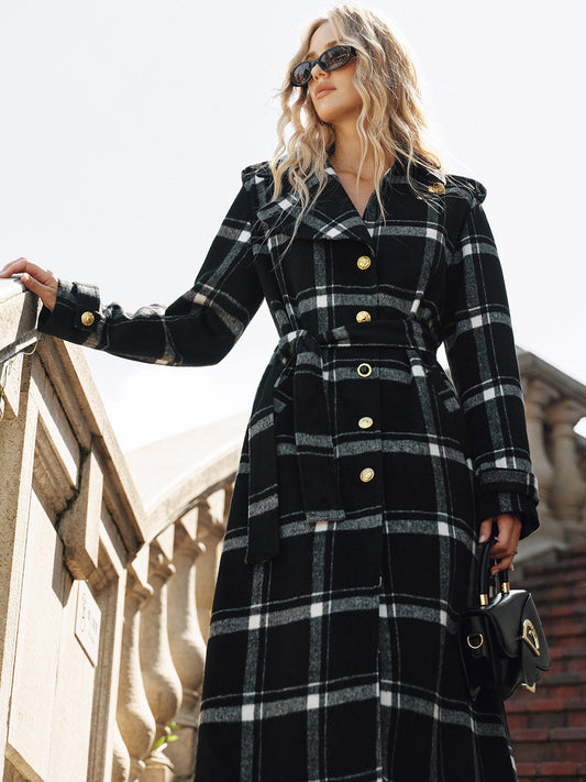 Mazie | Plaid Pattern Belted Long Trench Coat