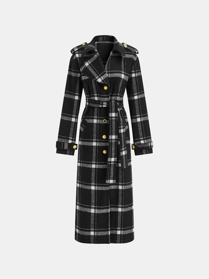 Mazie | Plaid Pattern Belted Long Trench Coat