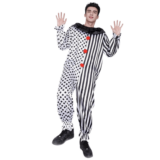 Men’s Polka Dot Striped Clown Costume | Funny Halloween Jumpsuit