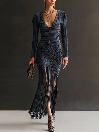Midnight Pleated Tassel V-Neck Bodycon Dress by All City Mart