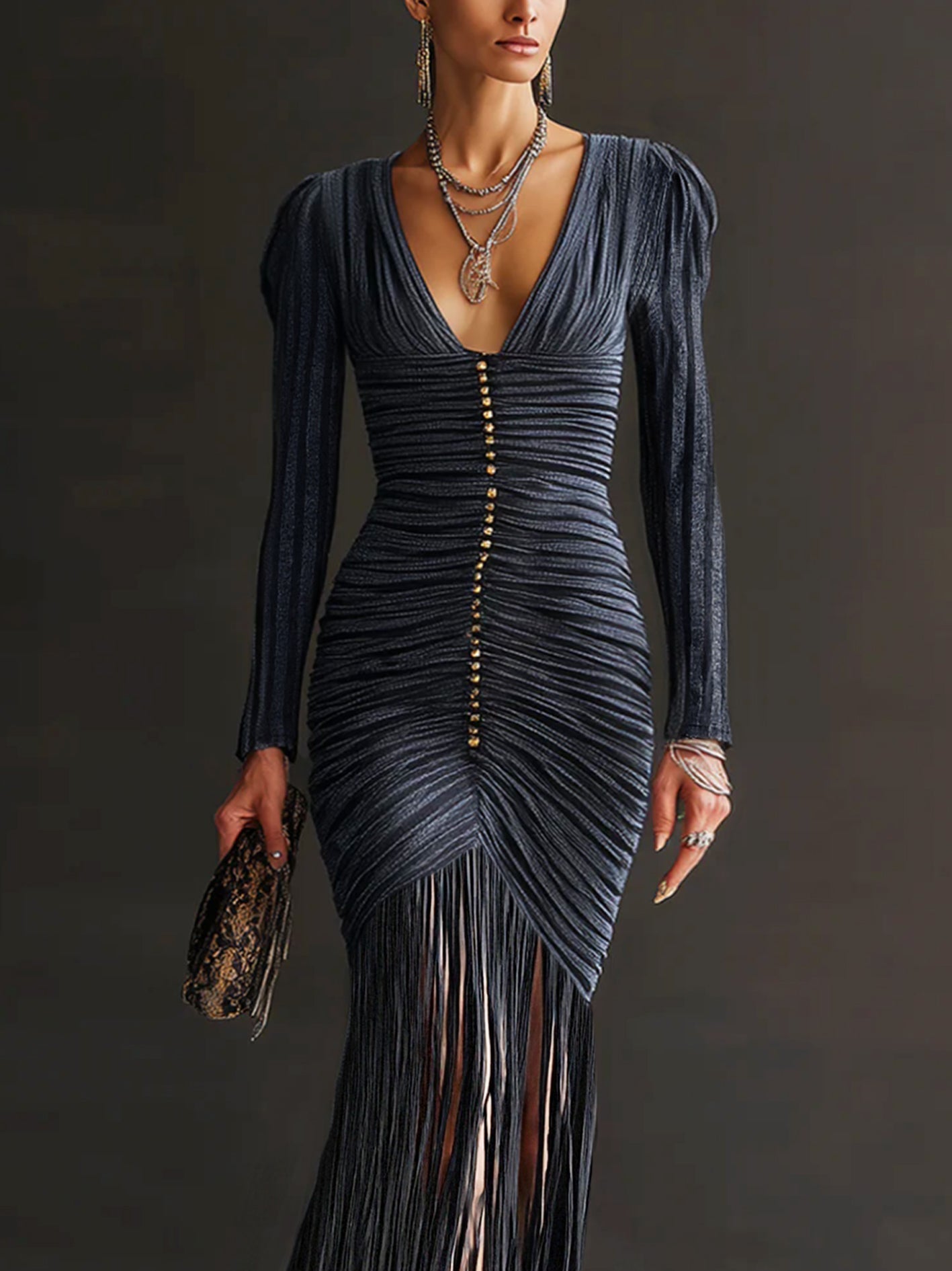 Midnight Pleated Tassel V-Neck Bodycon Dress by All City Mart