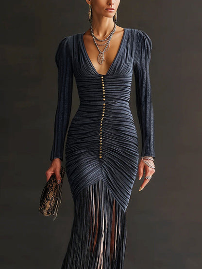 Midnight Pleated Tassel V-Neck Bodycon Dress by All City Mart