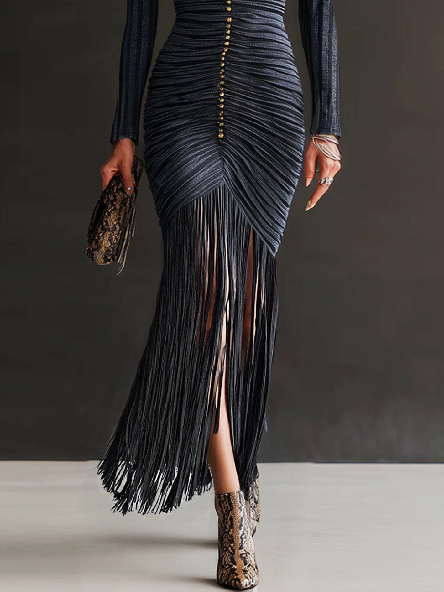 Midnight Pleated Tassel V-Neck Bodycon Dress by All City Mart
