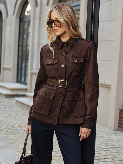 Murphy | Structured Multi-Pocket Belted Suede Trench Coat