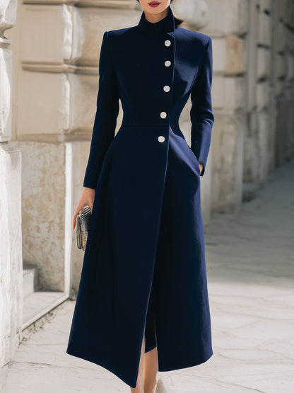 Navy Single Breasted Pearl Button Maxi Coat by All City Mart