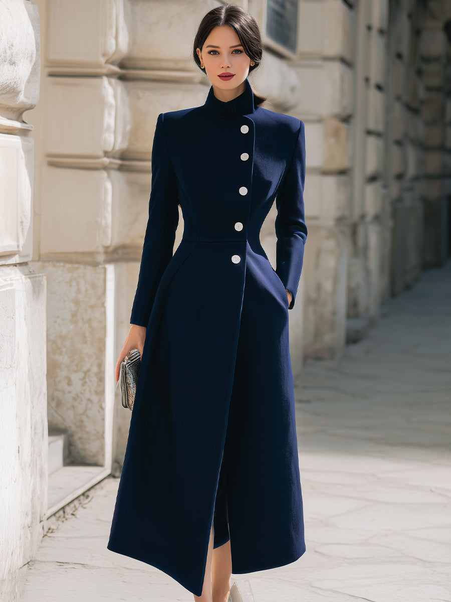 Navy Single Breasted Pearl Button Maxi Coat by All City Mart