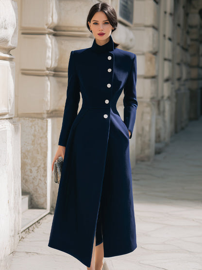Navy Single Breasted Pearl Button Maxi Coat by All City Mart