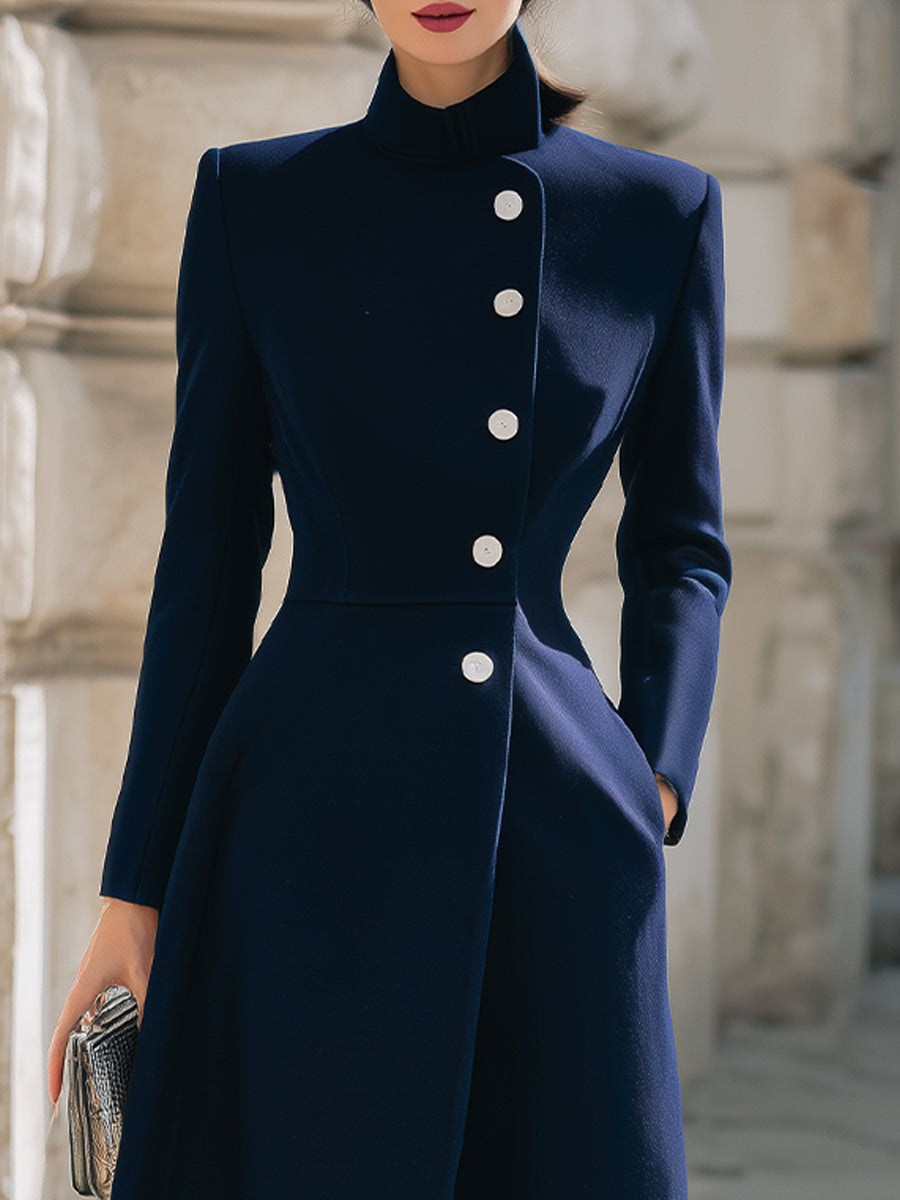 Navy Single Breasted Pearl Button Maxi Coat by All City Mart