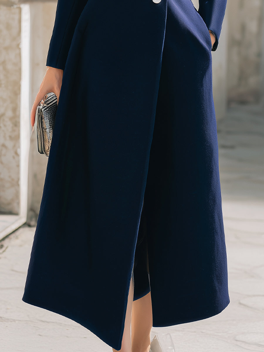 Navy Single Breasted Pearl Button Maxi Coat by All City Mart