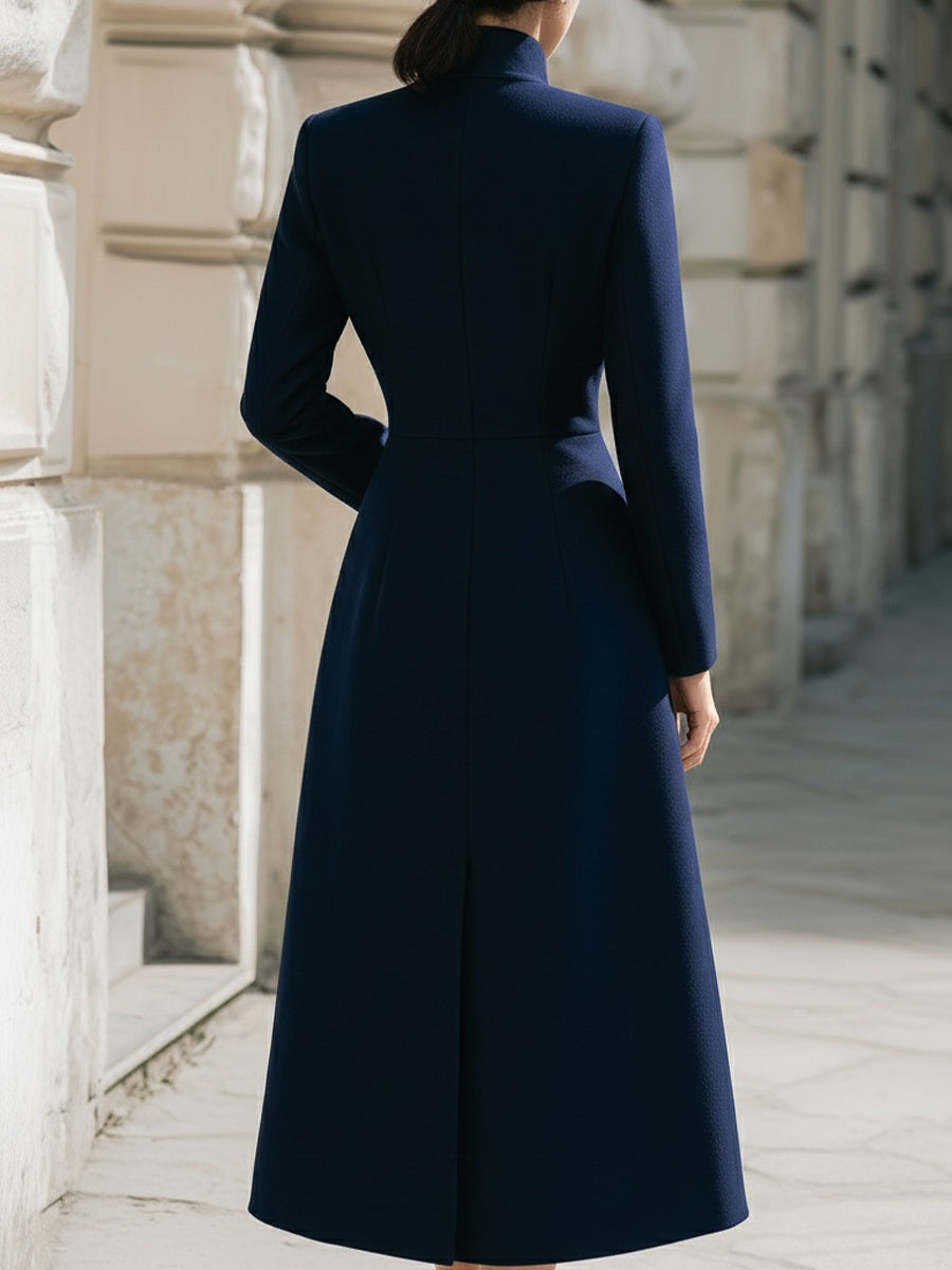Navy Single Breasted Pearl Button Maxi Coat by All City Mart