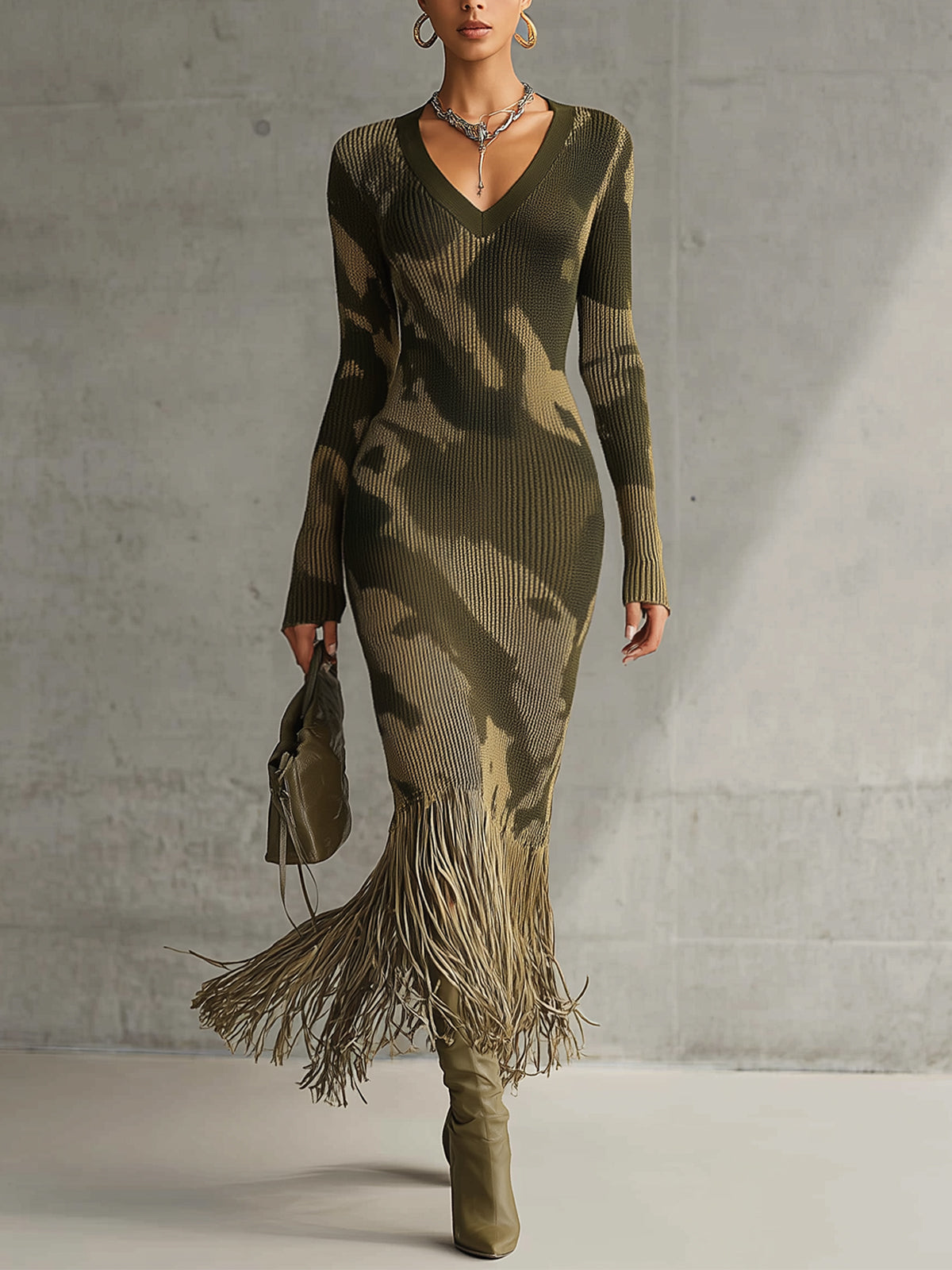 Olive Camo Knit V-Neck Fringe Hem Dress by All City Mart