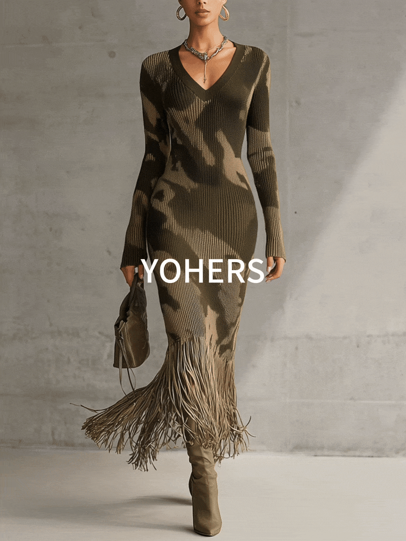 Olive Camo Knit V-Neck Fringe Hem Dress by All City Mart