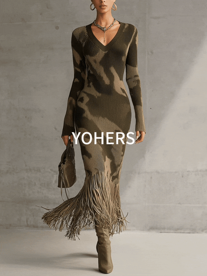 Olive Camo Knit V-Neck Fringe Hem Dress by All City Mart