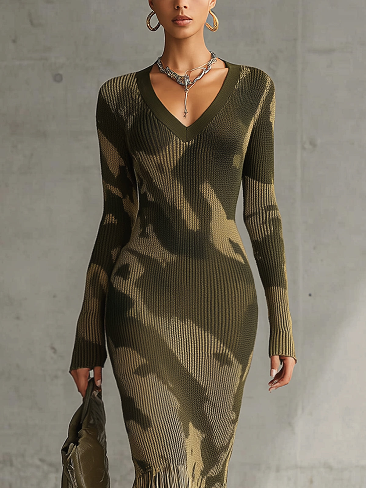 Olive Camo Knit V-Neck Fringe Hem Dress by All City Mart