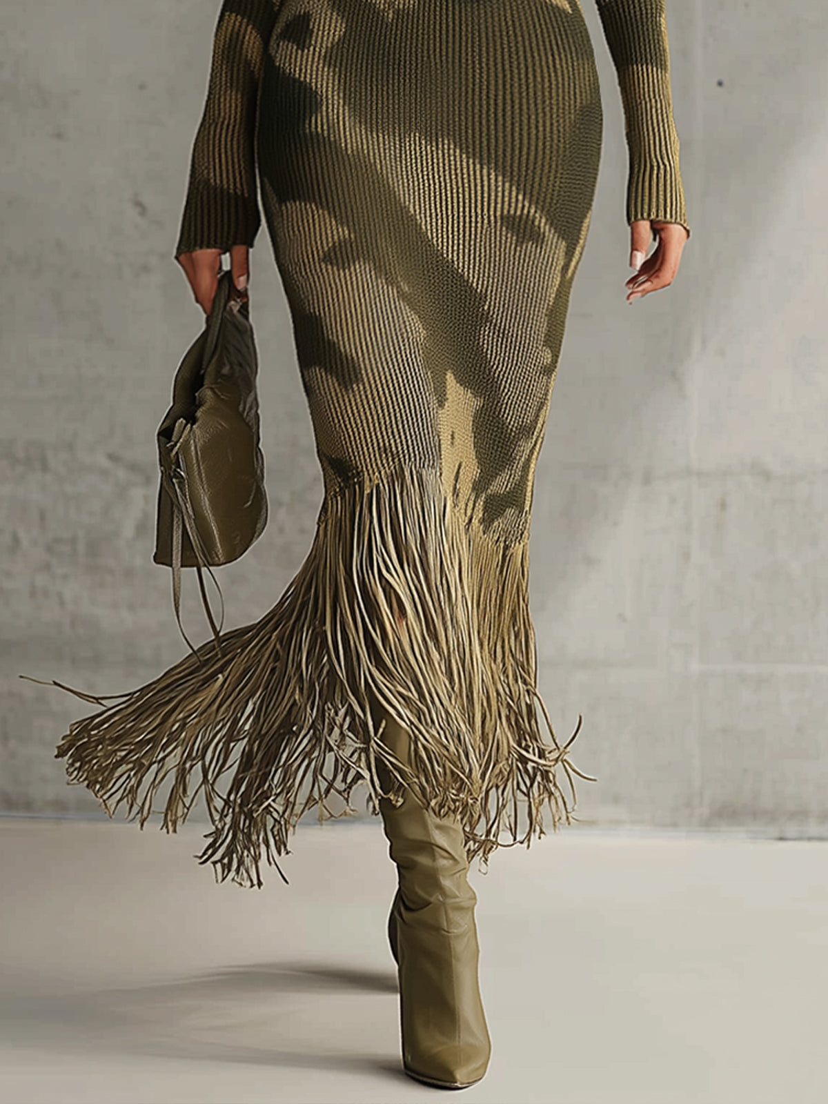 Olive Camo Knit V-Neck Fringe Hem Dress by All City Mart