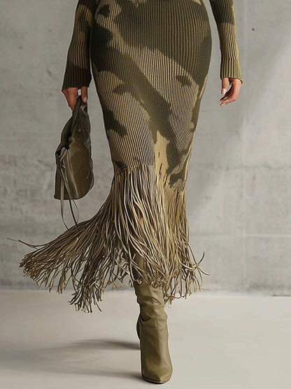 Olive Camo Knit V-Neck Fringe Hem Dress by All City Mart