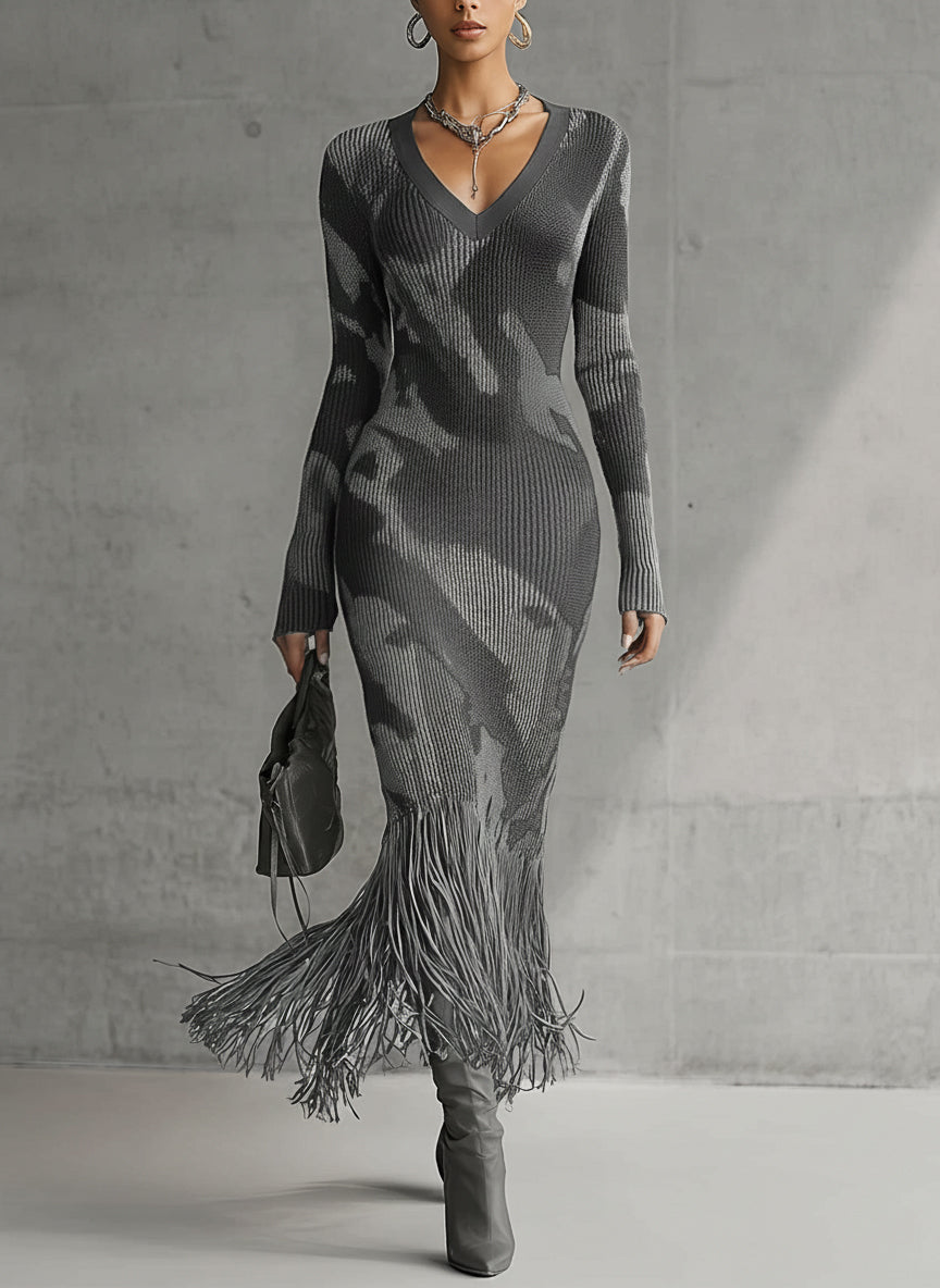 Olive Camo Knit V-Neck Fringe Hem Dress by All City Mart
