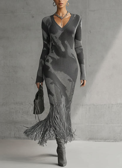 Olive Camo Knit V-Neck Fringe Hem Dress by All City Mart