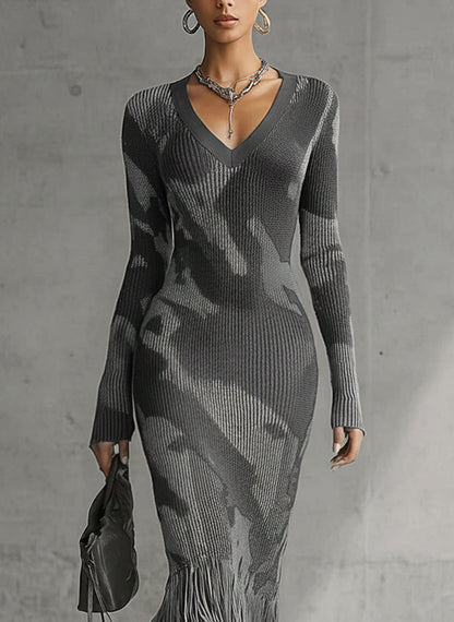 Olive Camo Knit V-Neck Fringe Hem Dress by All City Mart