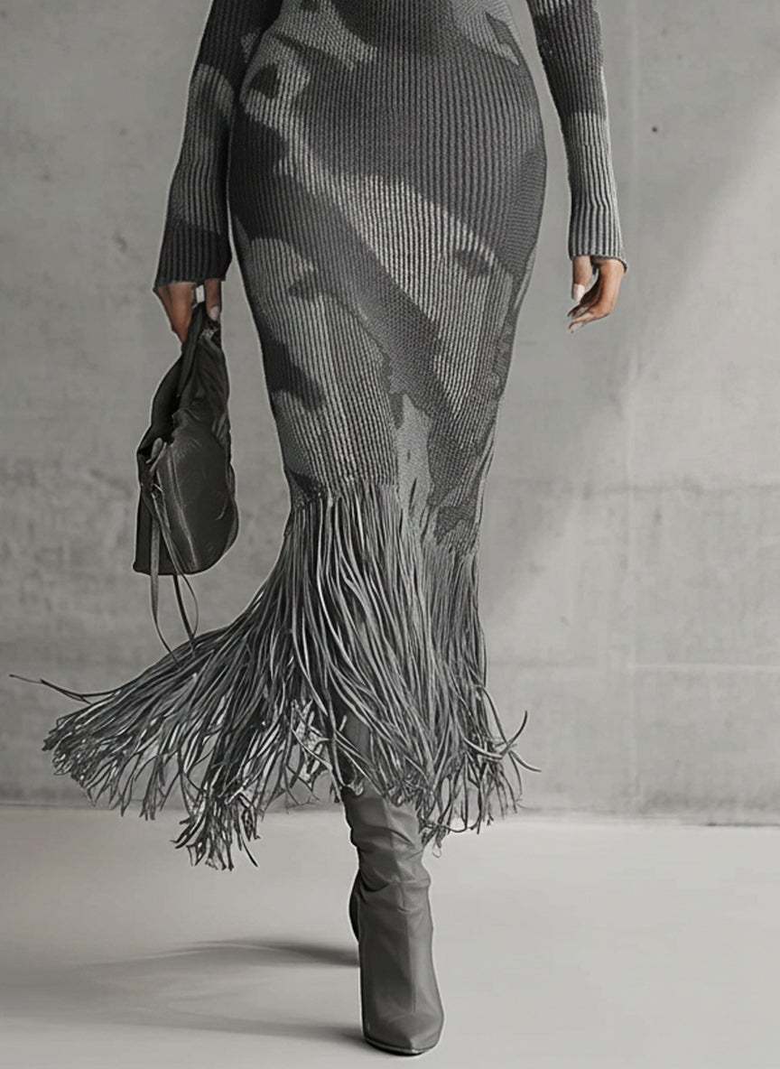 Olive Camo Knit V-Neck Fringe Hem Dress by All City Mart