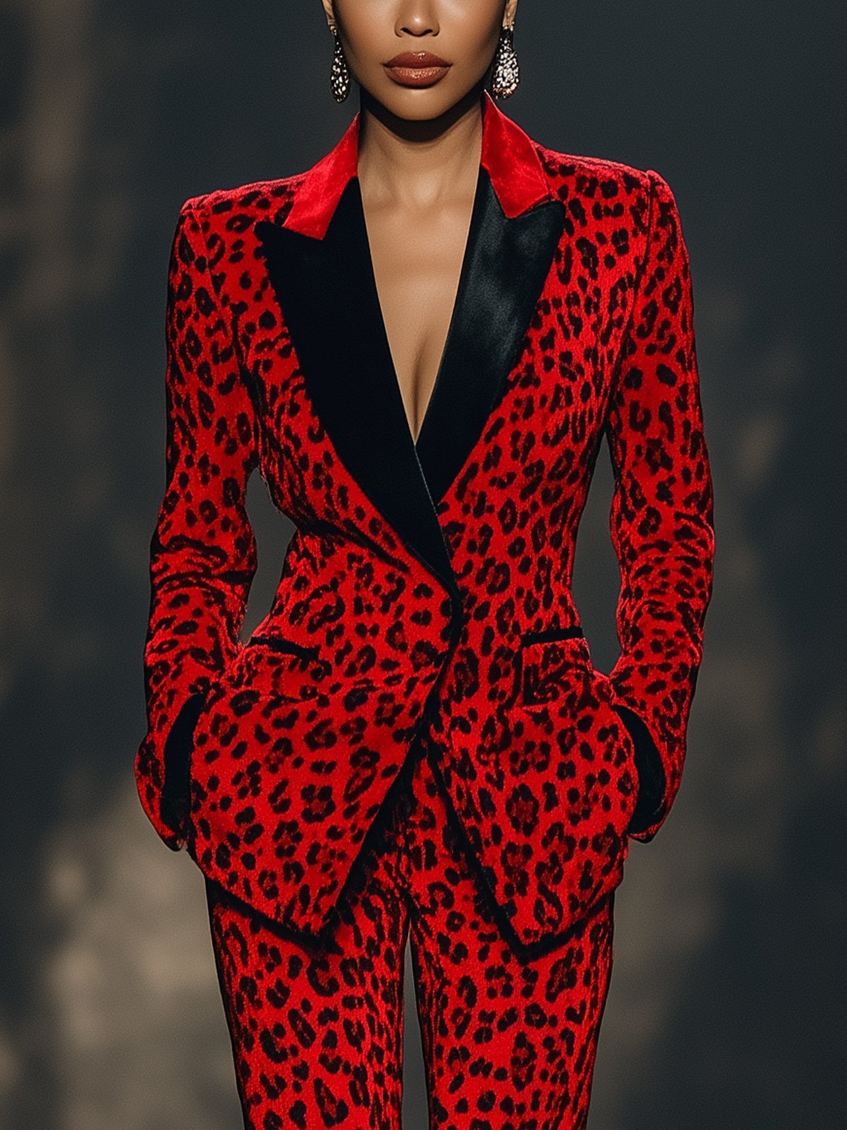 Red Leopard Print Black Lapel Blazer Set by All City Mart