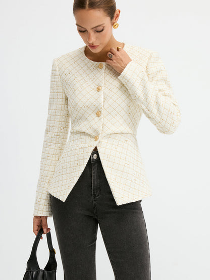 Romina | Sleek Tweed Round Neck Waist-Cinching Blazer