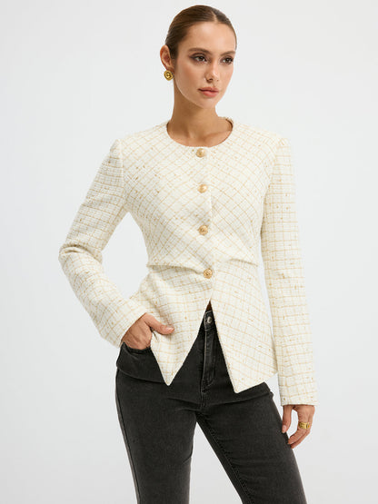 Romina | Sleek Tweed Round Neck Waist-Cinching Blazer