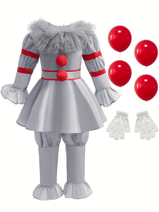 Scary Clown Halloween Costume Set | Long Sleeve Jumpsuit with Gloves