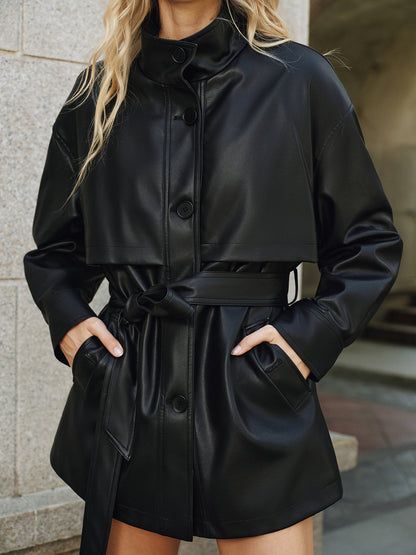 Shane | Stand Collar Belted PU Outerwear