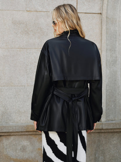 Shane | Stand Collar Belted PU Outerwear